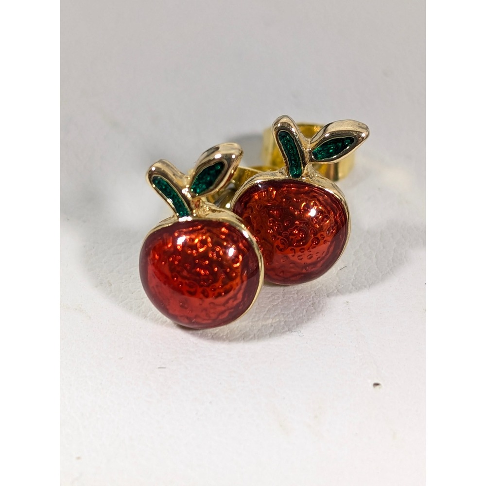 Vintage Korea Red Enamel Apple Cherry Stud Earrings Gold Tone Pierced Signed